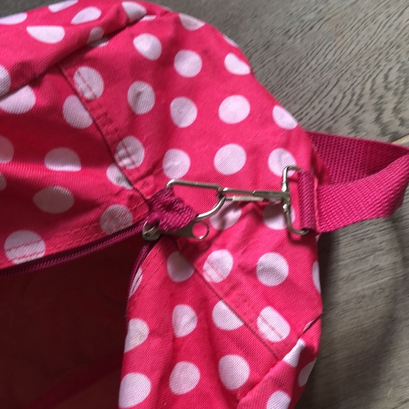 Pink and white polka dot “B” duffle bag with strap and front zipper small pocket - Picture 12 of 16